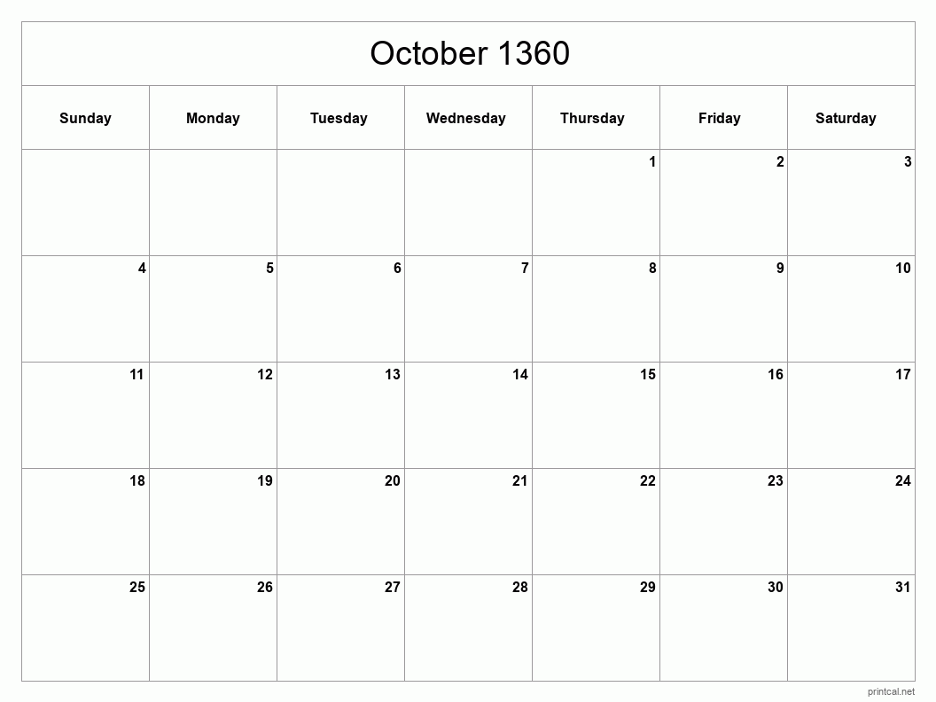 October 1360 Printable Calendar - Classic Blank Sheet