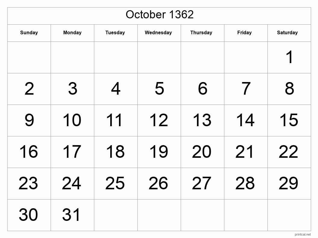 October 1362 Printable Calendar - Big Dates