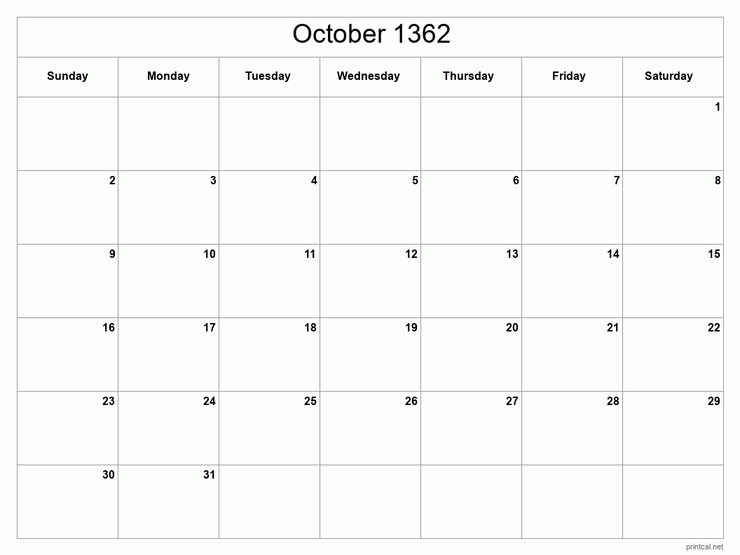 October 1362 Printable Calendar - Classic Blank Sheet