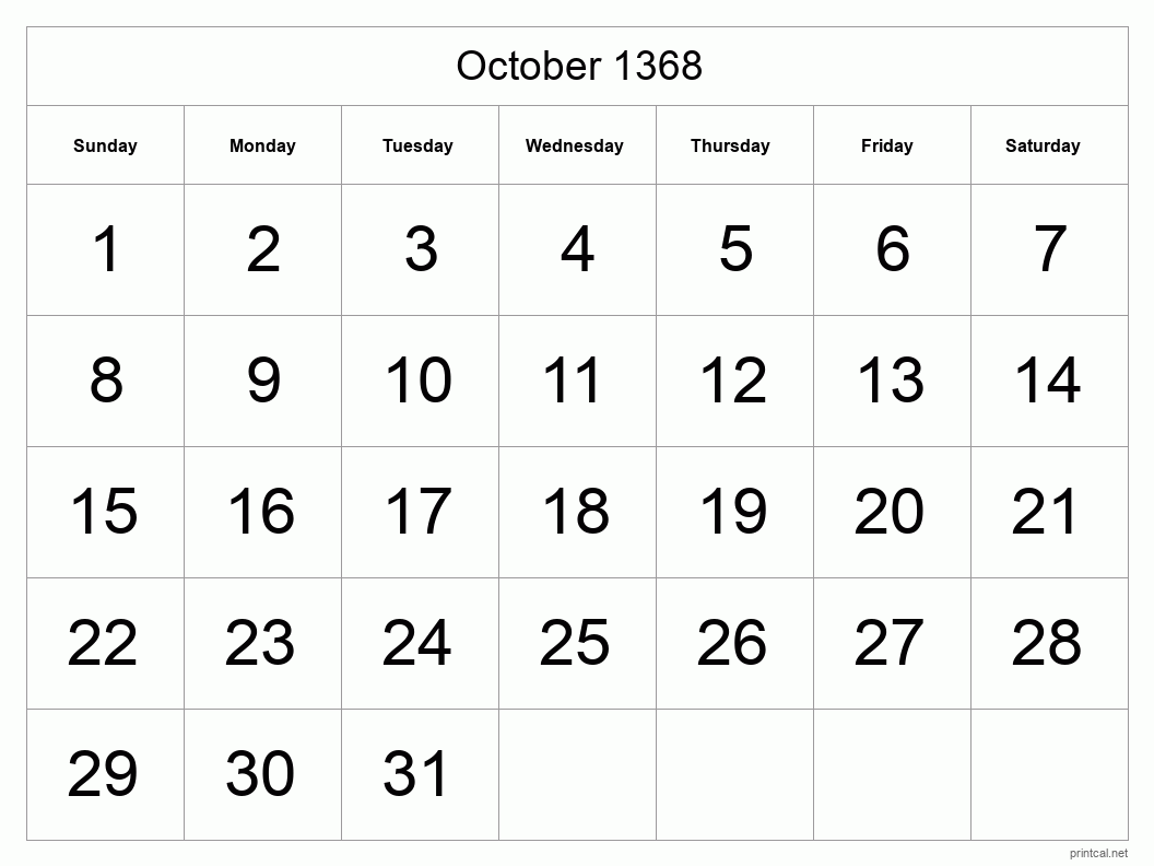 October 1368 Printable Calendar - Big Dates