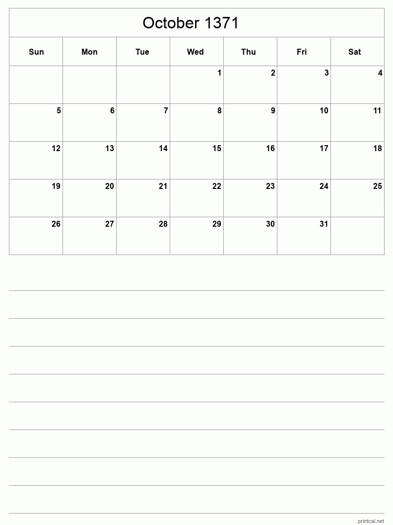 October 1371 Printable Calendar - Half-Page With Notesheet