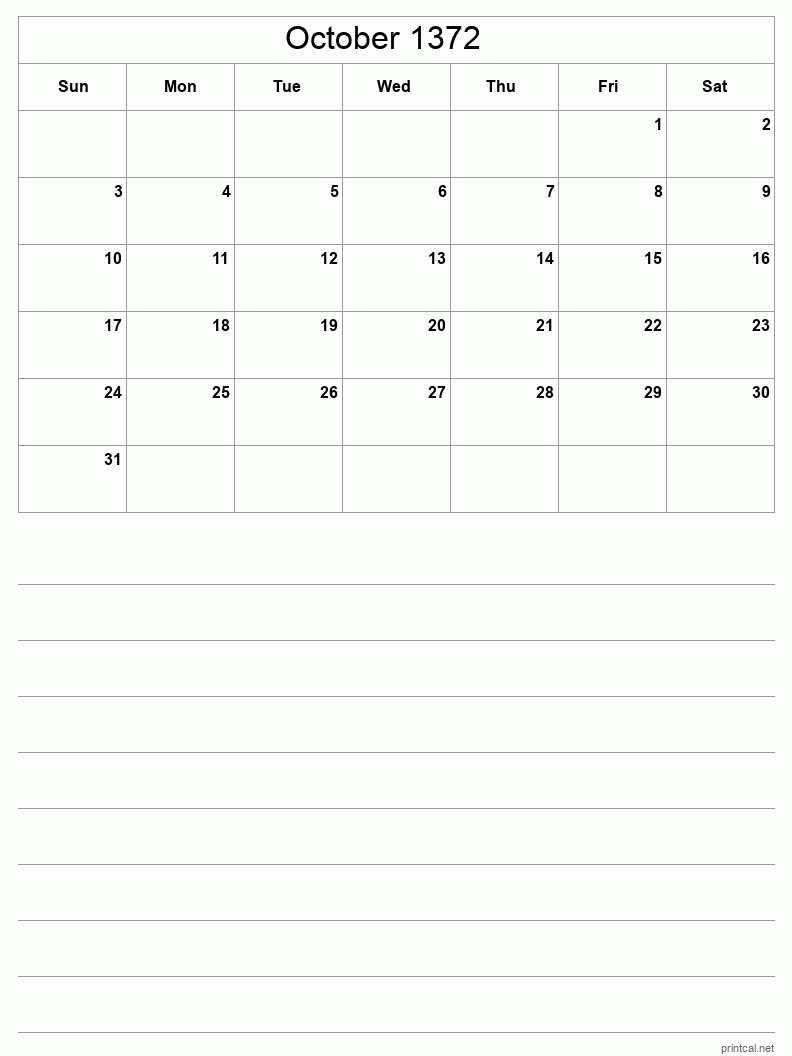 October 1372 Printable Calendar - Half-Page With Notesheet