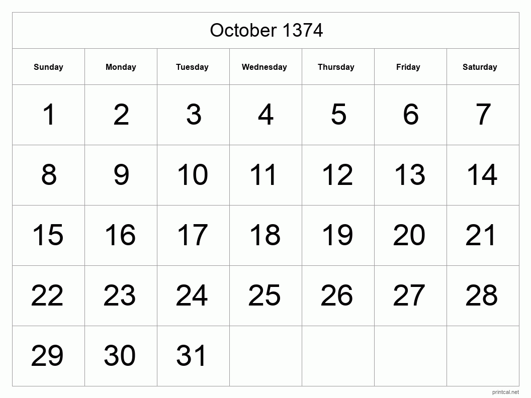 October 1374 Printable Calendar - Big Dates