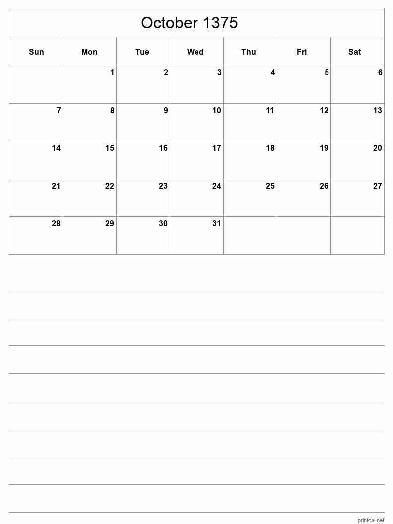 October 1375 Printable Calendar - Half-Page With Notesheet
