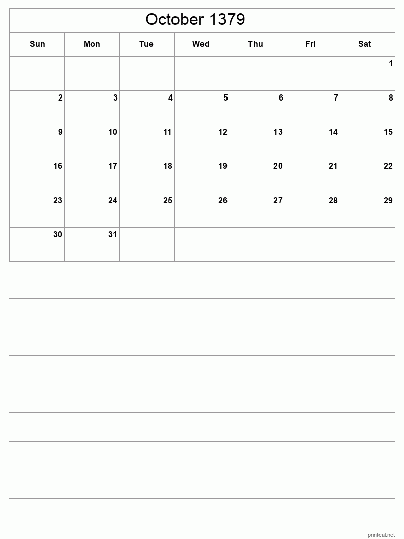 October 1379 Printable Calendar - Half-Page With Notesheet