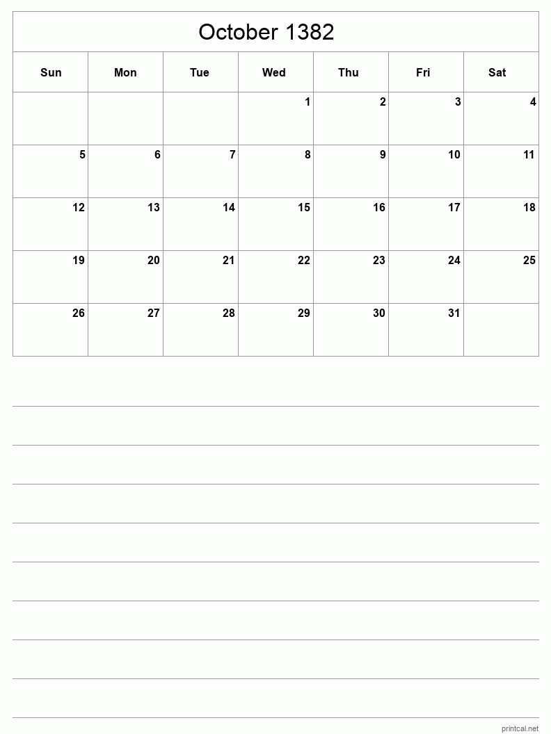October 1382 Printable Calendar - Half-Page With Notesheet