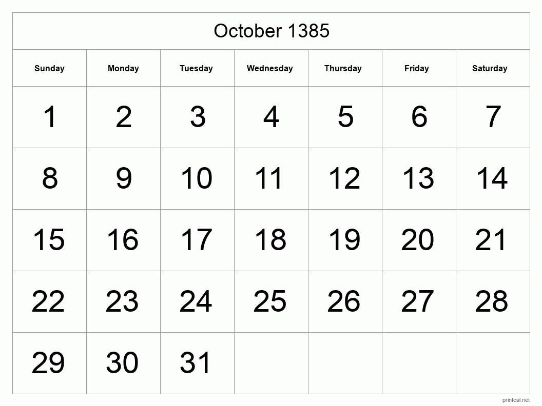 October 1385 Printable Calendar - Big Dates