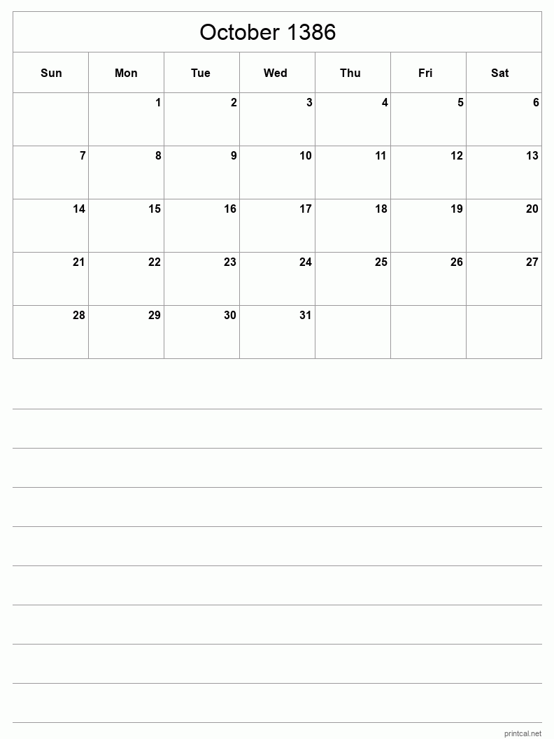 October 1386 Printable Calendar - Half-Page With Notesheet