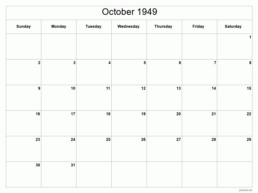 October 1949 Printable Calendar - Classic Blank Sheet