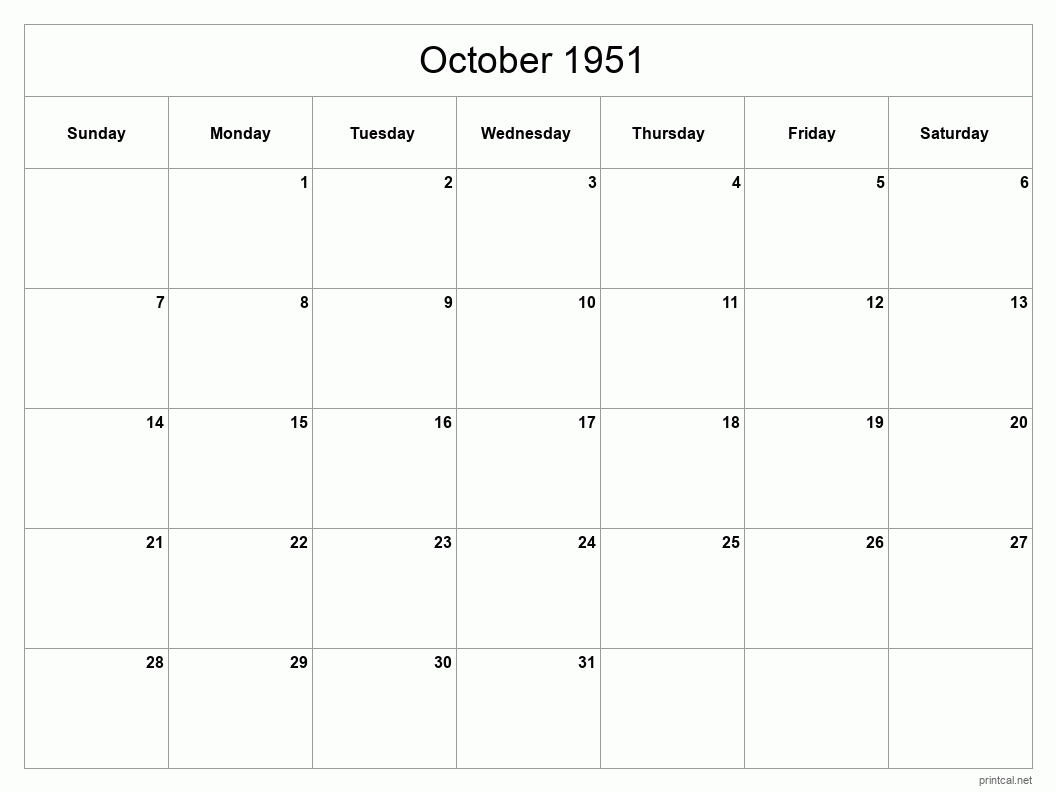 October 1951 Printable Calendar - Classic Blank Sheet