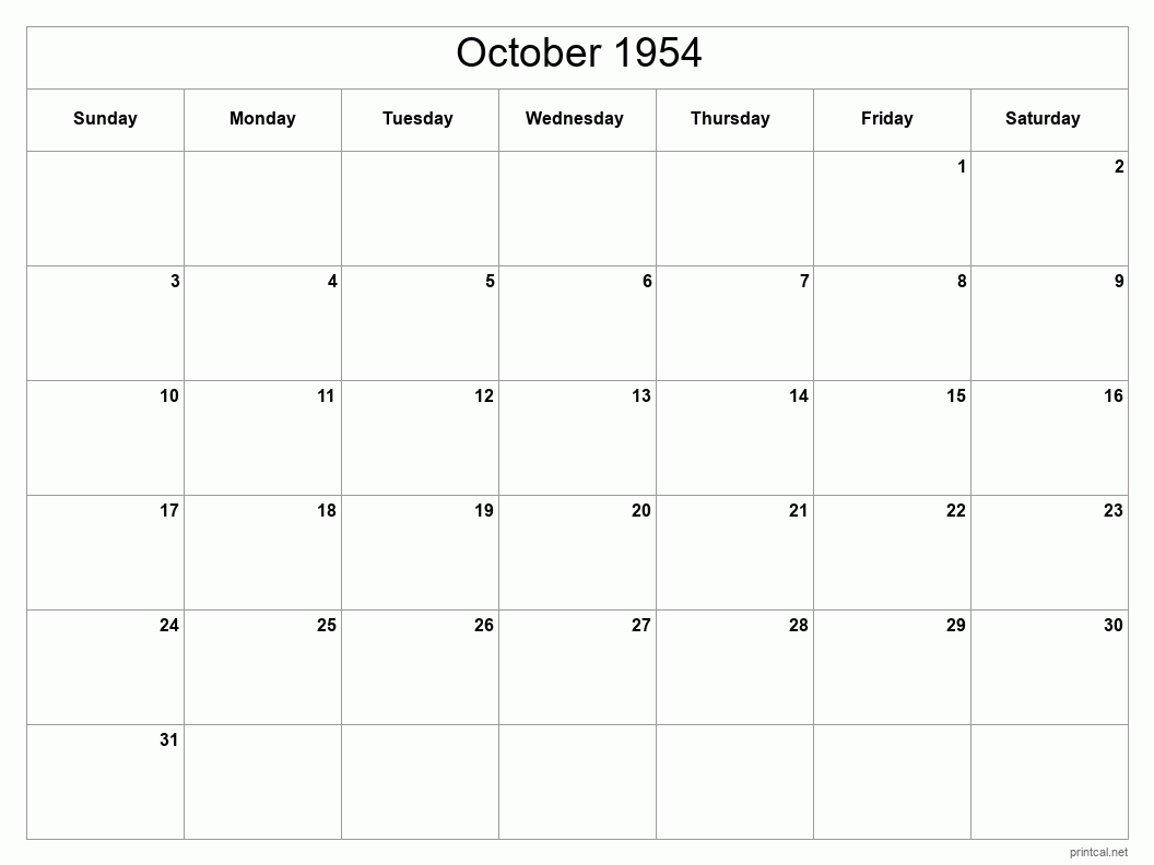 October 1954 Printable Calendar - Classic Blank Sheet