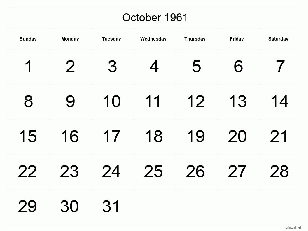 October 1961 Printable Calendar - Big Dates