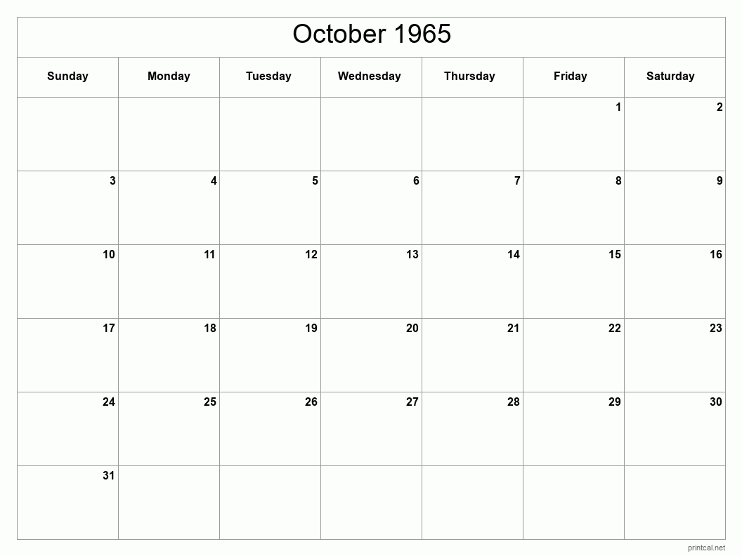 October 1965 Printable Calendar - Classic Blank Sheet