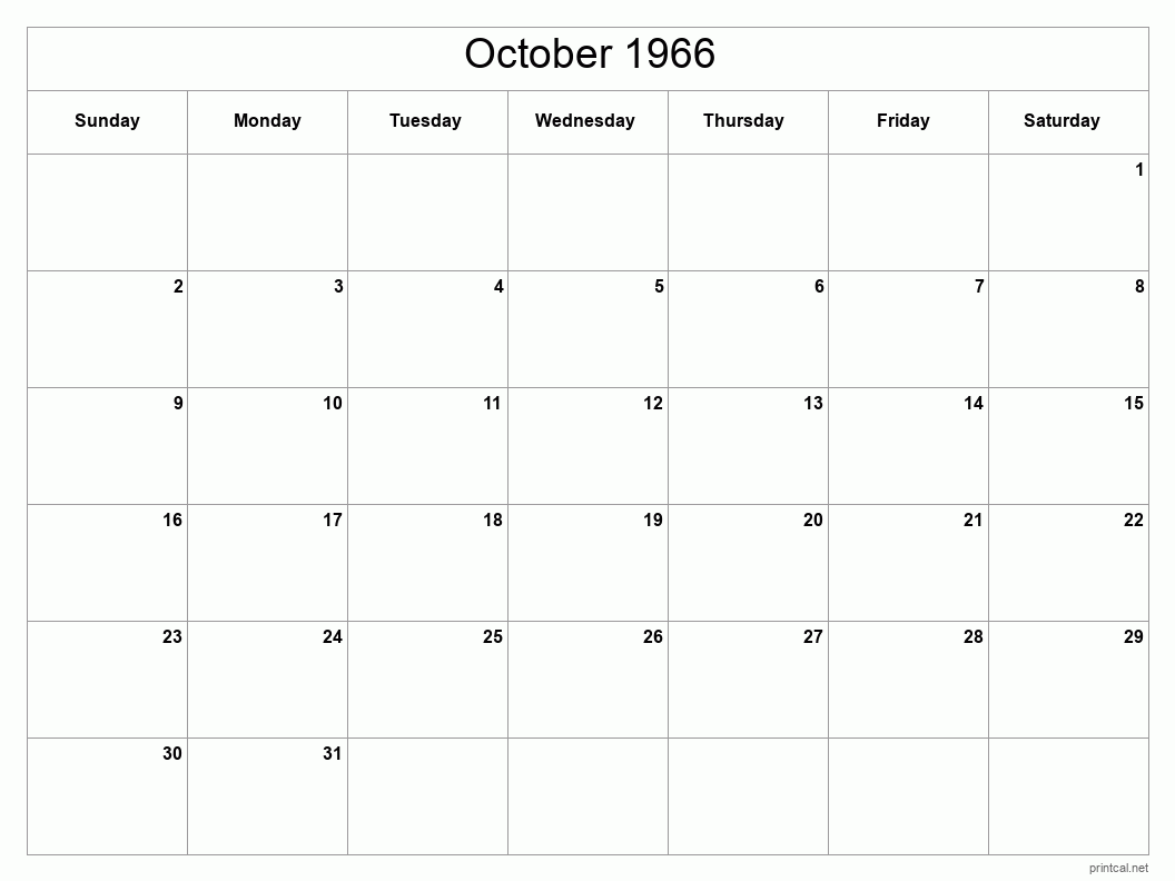 October 1966 Printable Calendar - Classic Blank Sheet