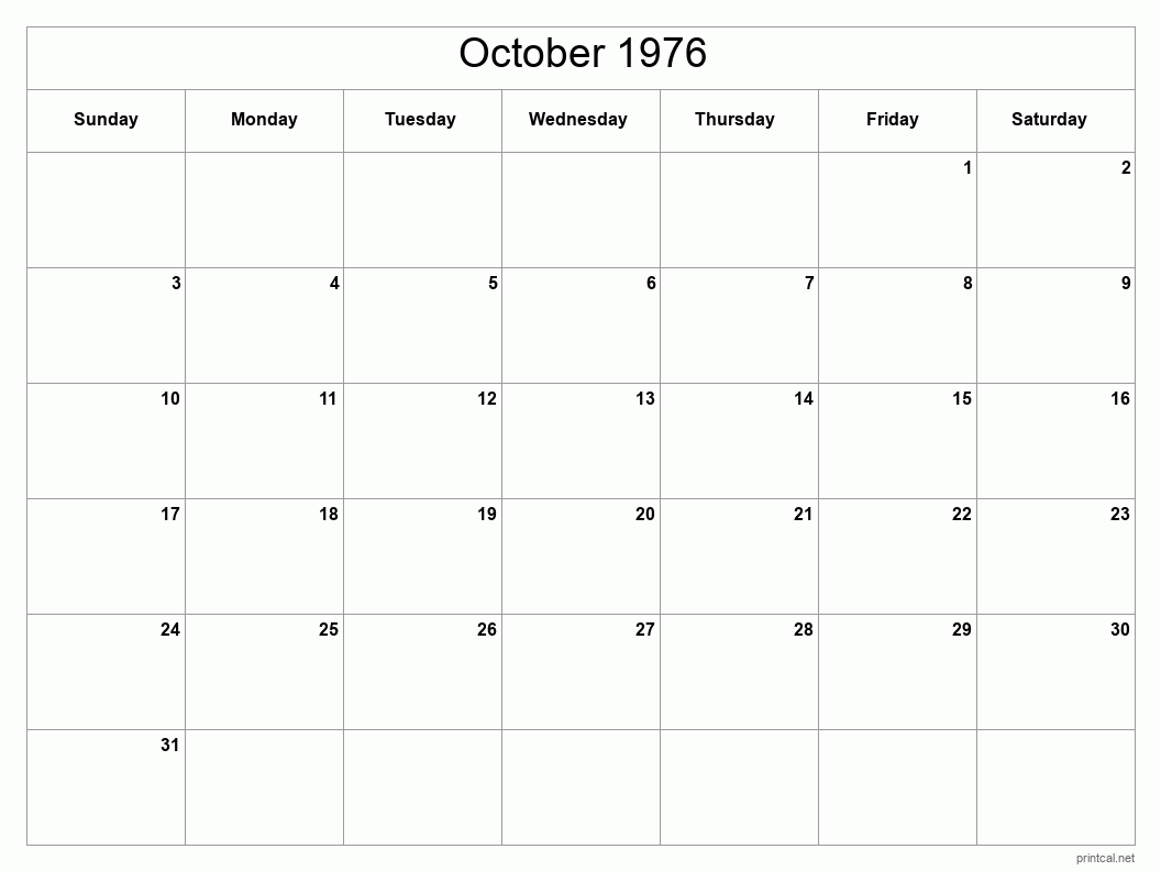 October 1976 Printable Calendar - Classic Blank Sheet