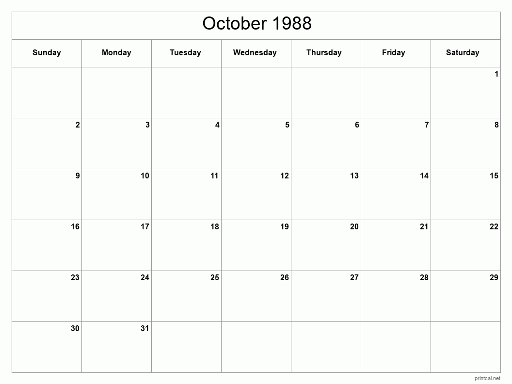 October 1988 Printable Calendar - Classic Blank Sheet