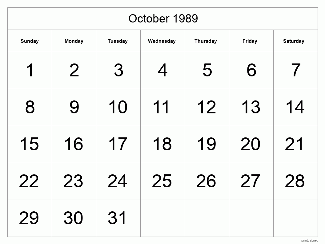 October 1989 Printable Calendar - Big Dates