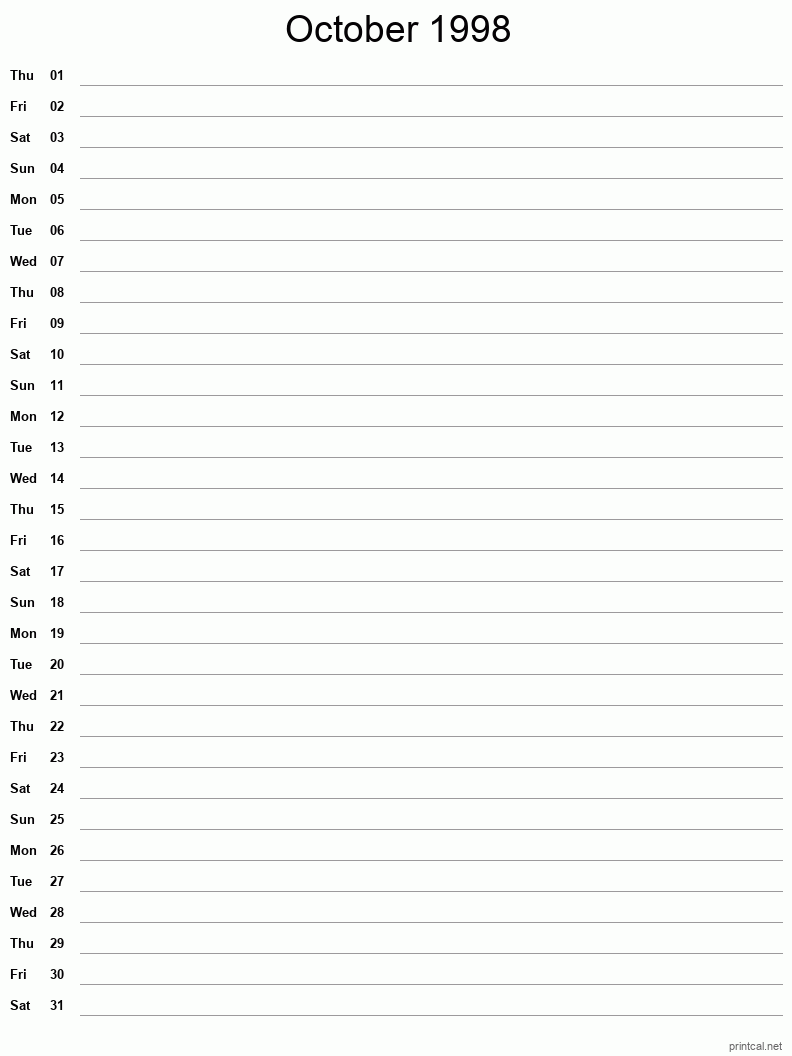 October 1998 Printable Calendar - Single Column Notesheet