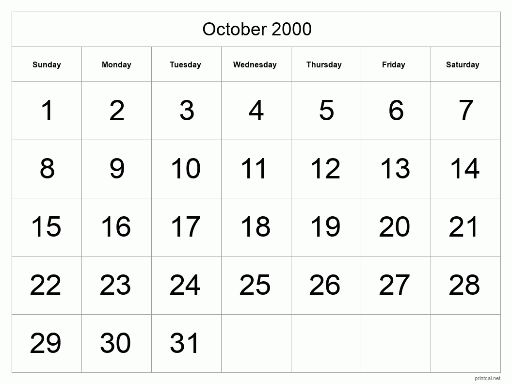 October 2000 Printable Calendar - Big Dates