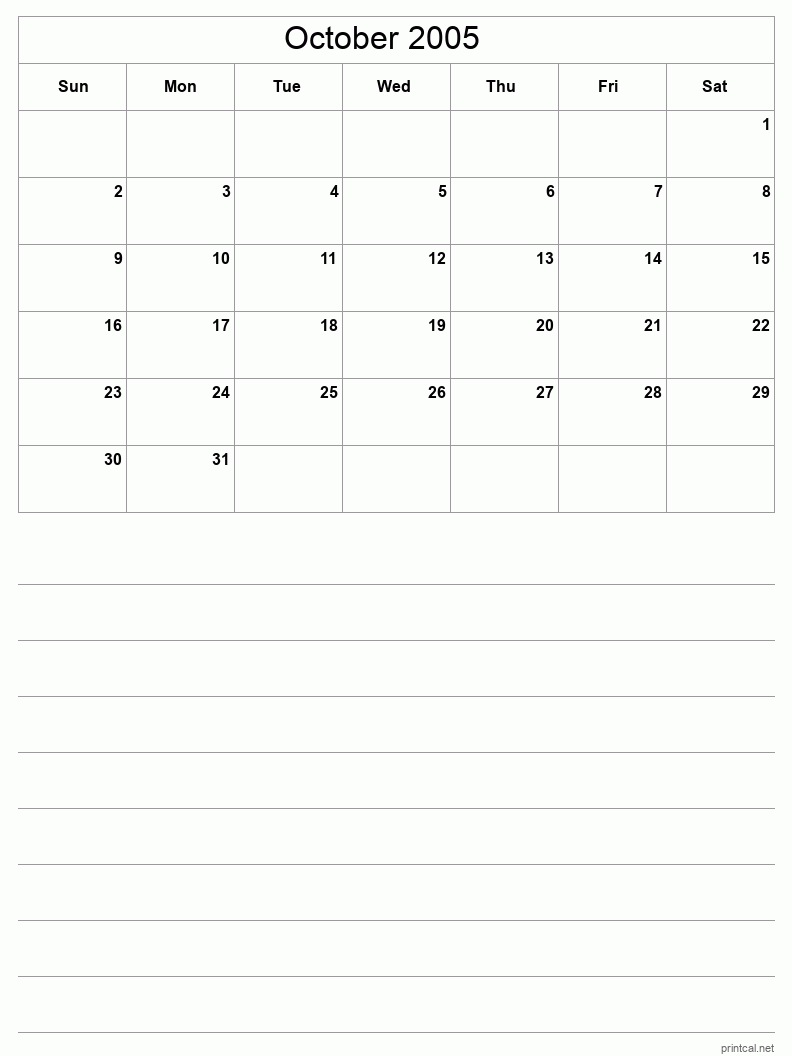 October 2005 Printable Calendar - Half-Page With Notesheet