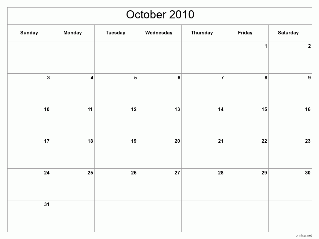 October 2010 Printable Calendar - Classic Blank Sheet