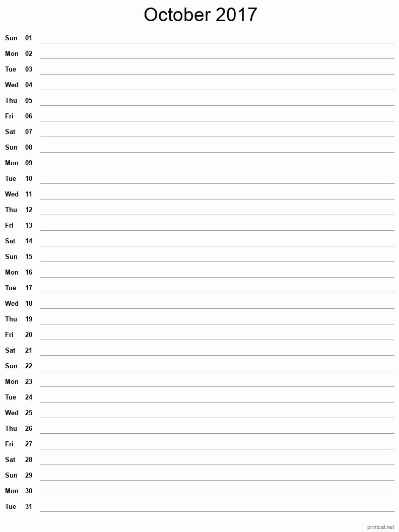 October 2017 Printable Calendar - Single Column Notesheet