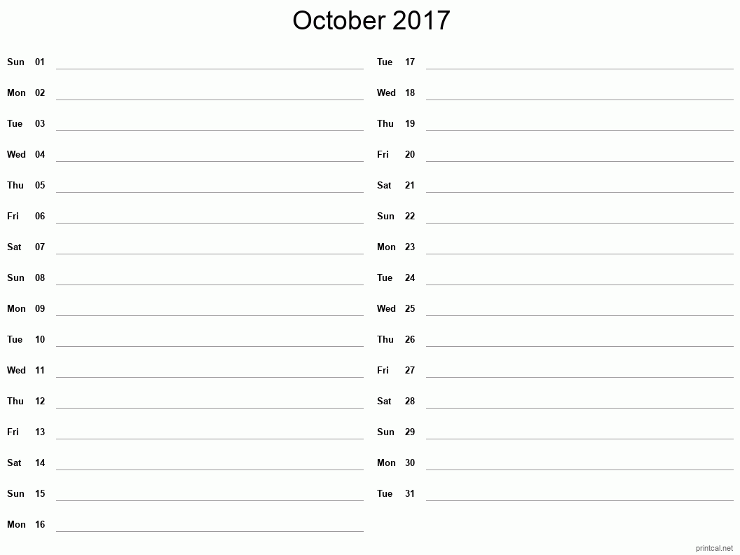 October 2017 Printable Calendar - Two Column Notesheet