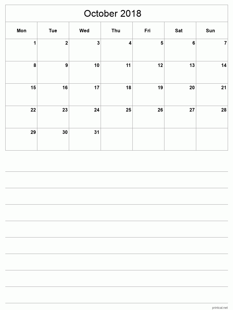 October 2018 Printable Calendar - Half-Page With Notesheet
