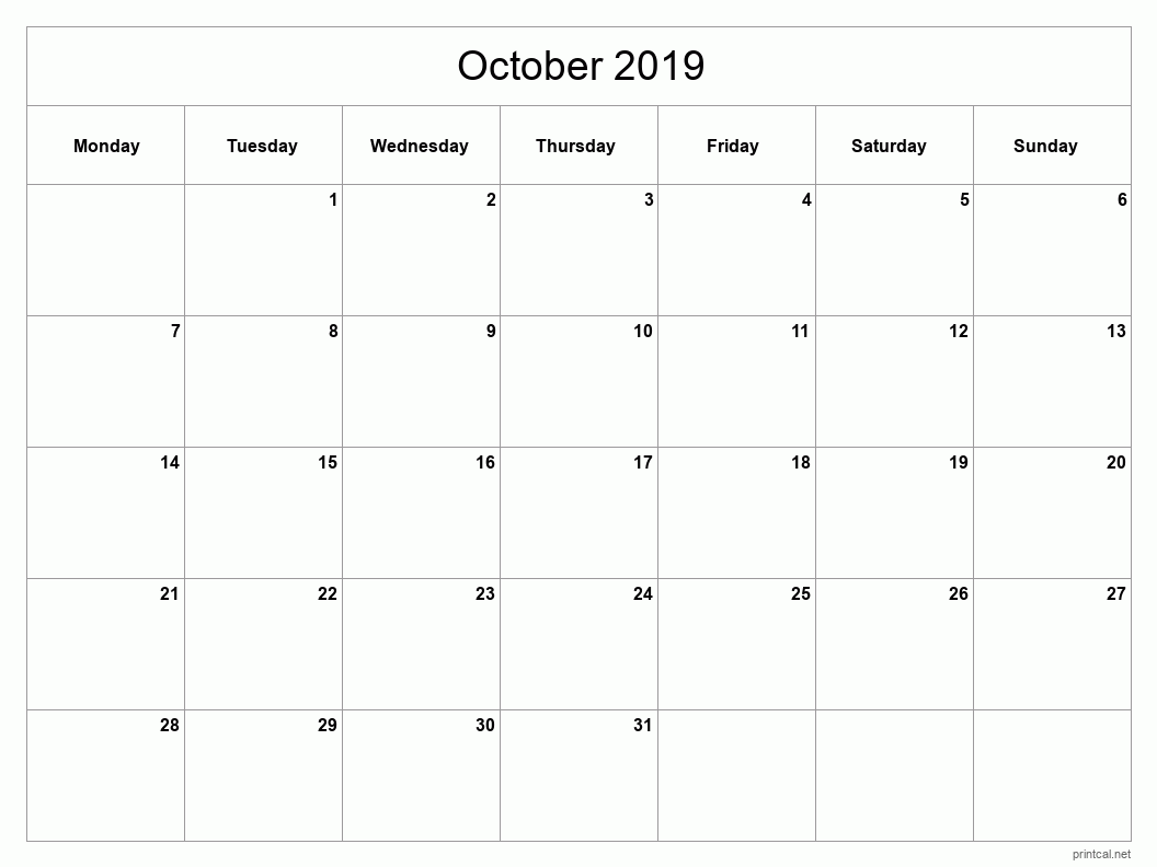 October 2019 Printable Calendar - Classic Blank Sheet