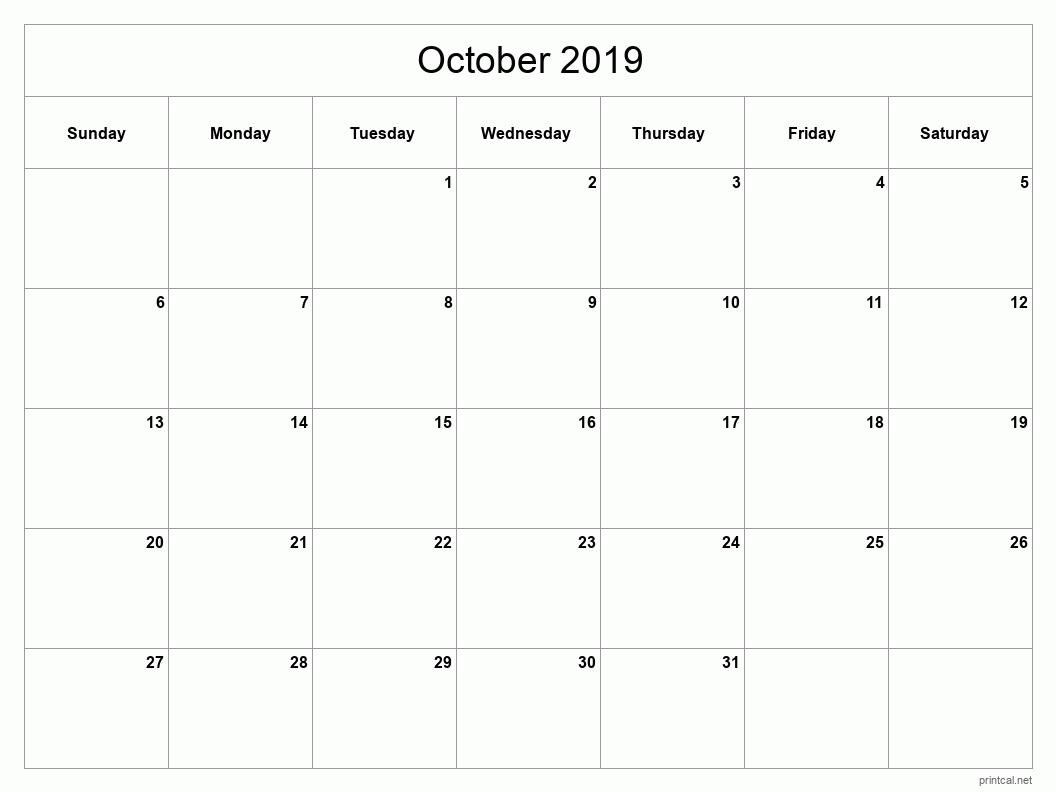 October 2019 Printable Calendar - Classic Blank Sheet