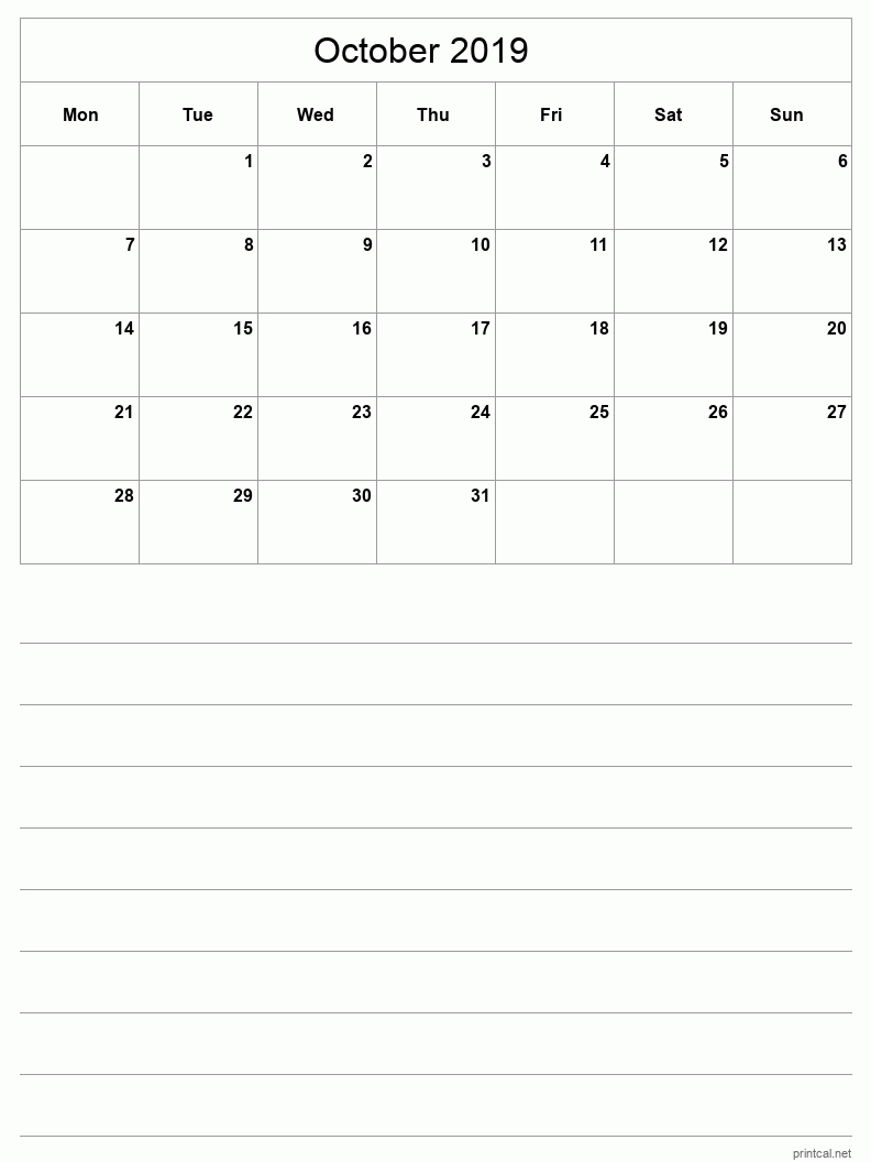October 2019 Printable Calendar - Half-Page With Notesheet