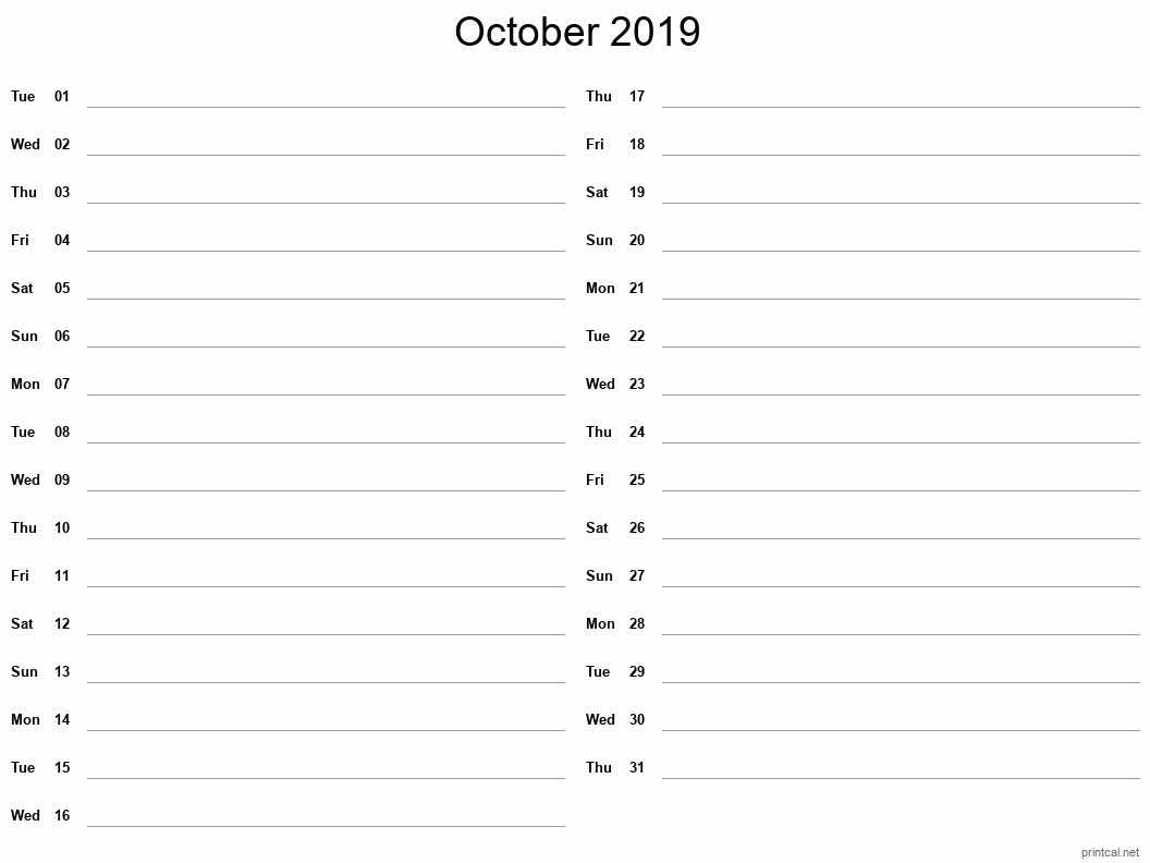 October 2019 Printable Calendar - Two Column Notesheet