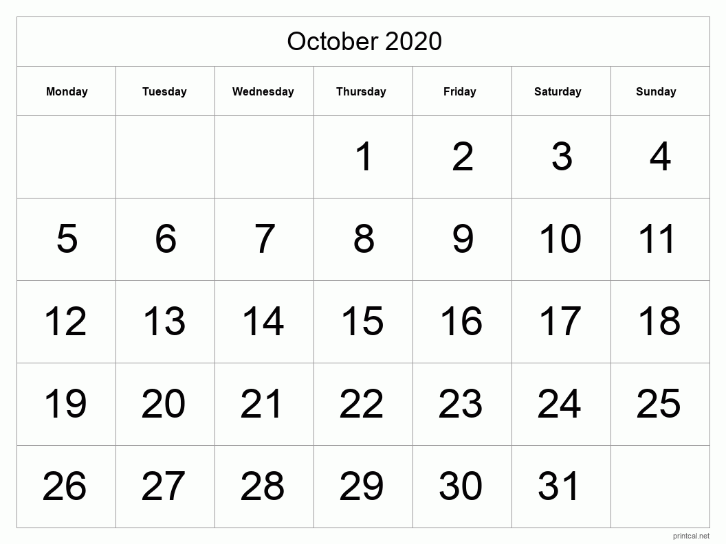 October 2020 Printable Calendar - Big Dates