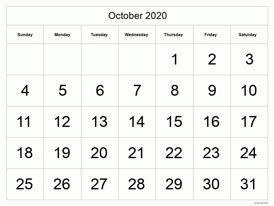 October 2020 Printable Calendar - Big Dates