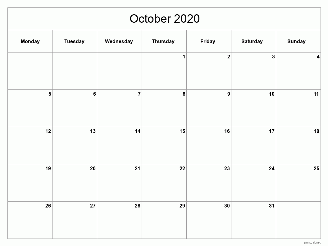 October 2020 Printable Calendar - Classic Blank Sheet