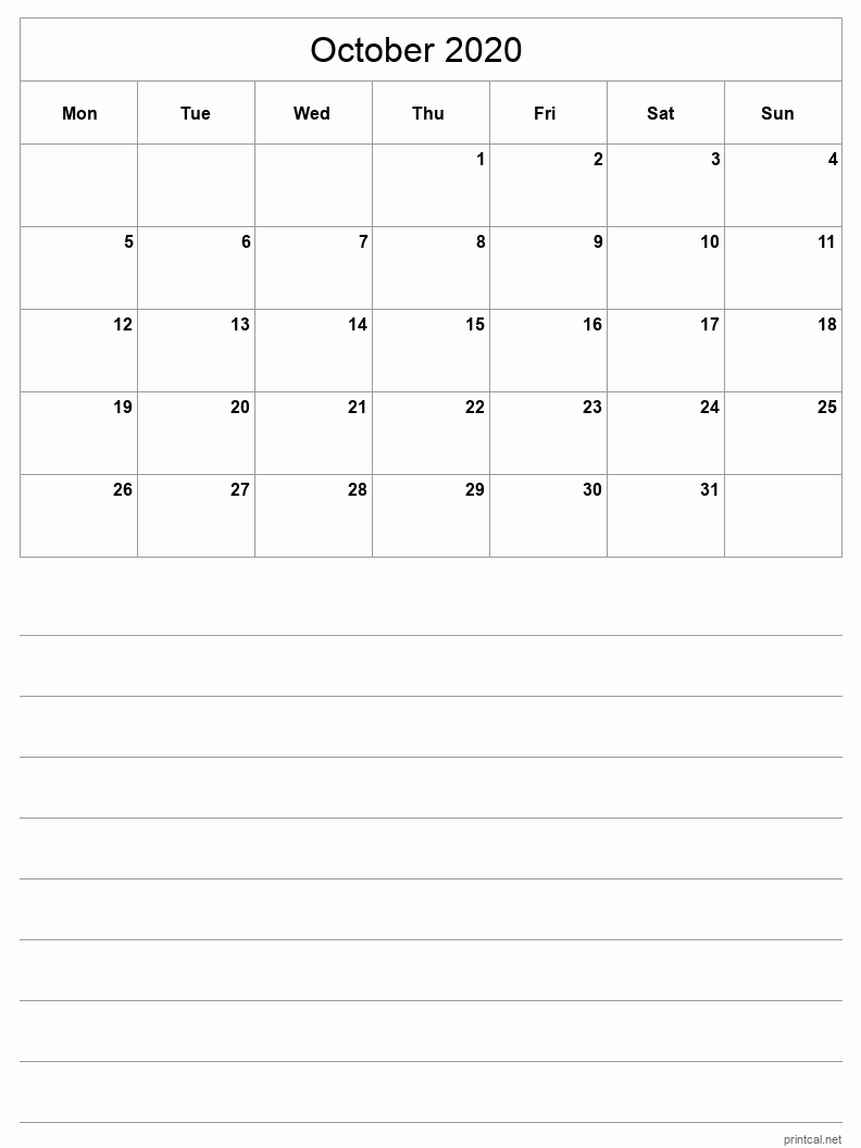 October 2020 Printable Calendar - Half-Page With Notesheet