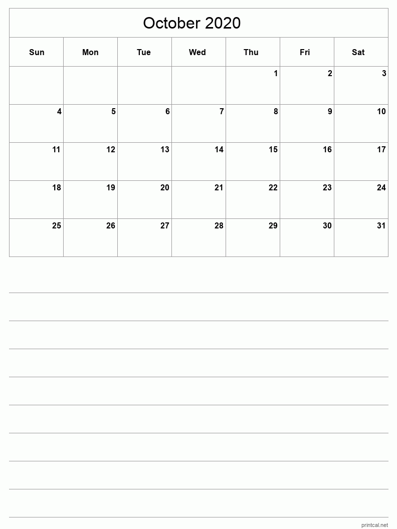 October 2020 Printable Calendar - Half-Page With Notesheet