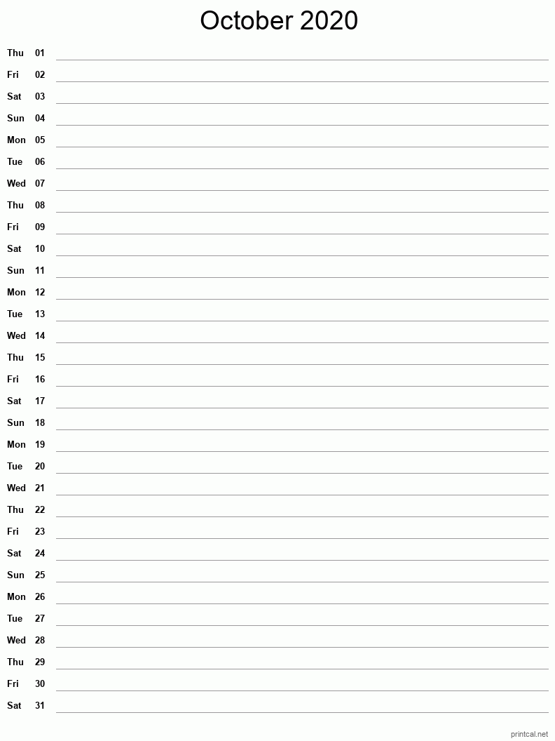October 2020 Printable Calendar - Single Column Notesheet