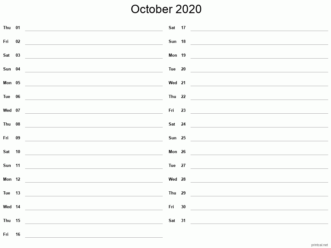 October 2020 Printable Calendar - Two Column Notesheet