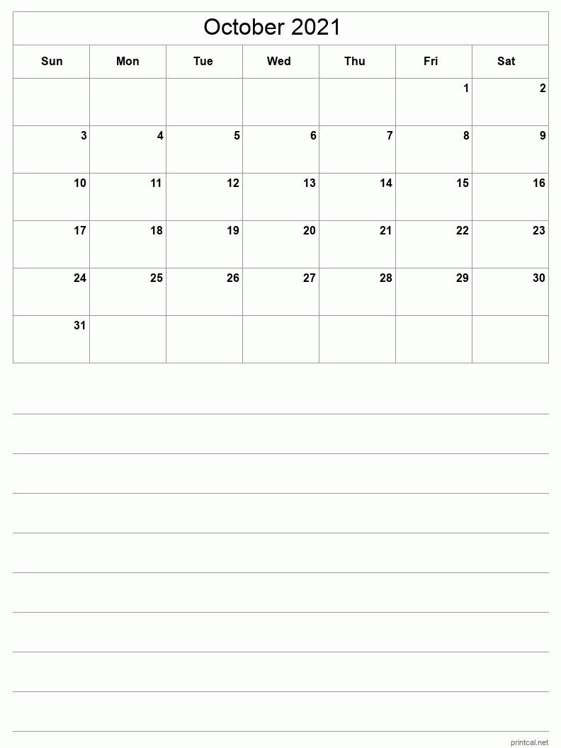 October 2021 Printable Calendar - Half-Page With Notesheet