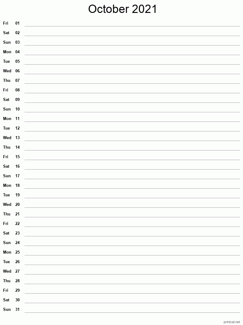 October 2021 Printable Calendar - Single Column Notesheet