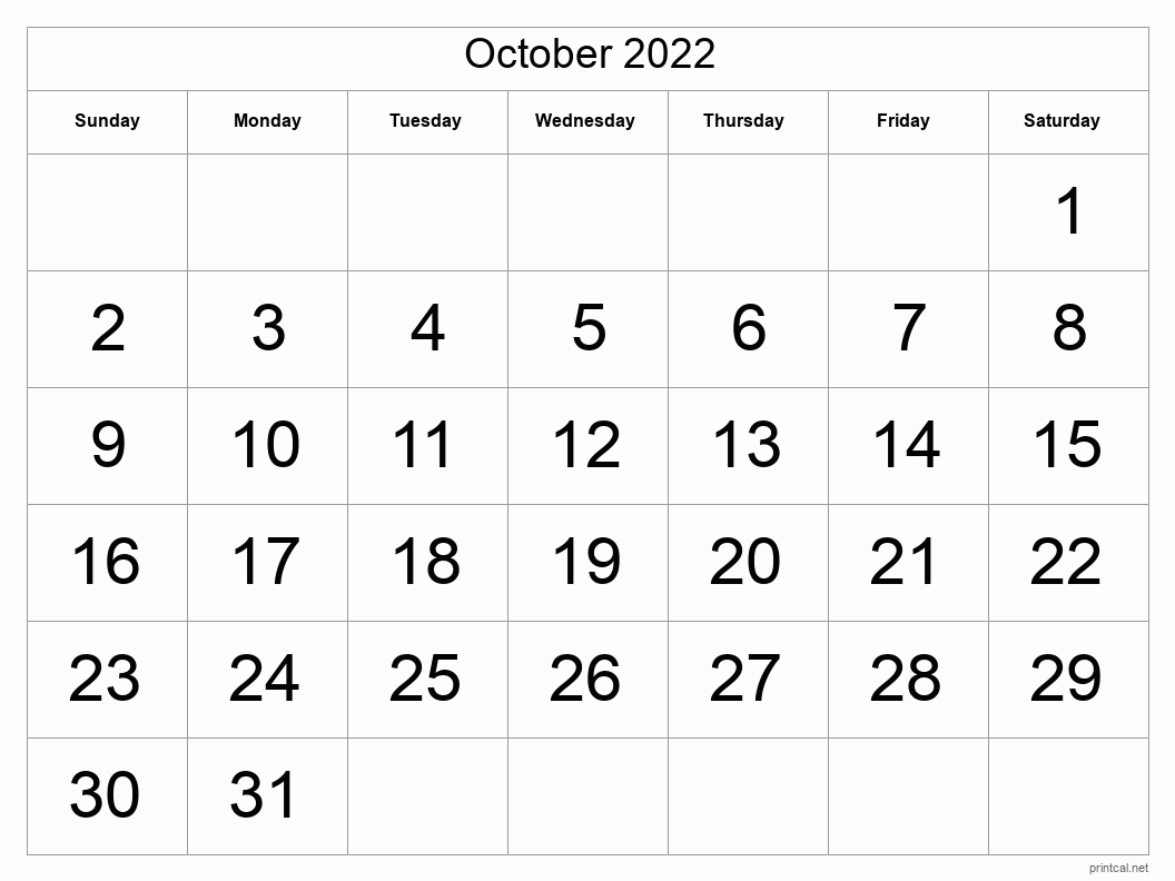 October 2022 Printable Calendar - Big Dates