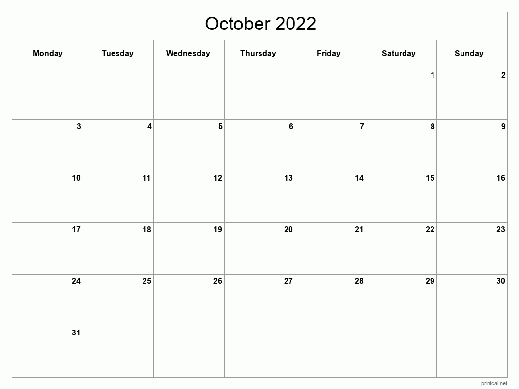 October 2022 Printable Calendar - Classic Blank Sheet