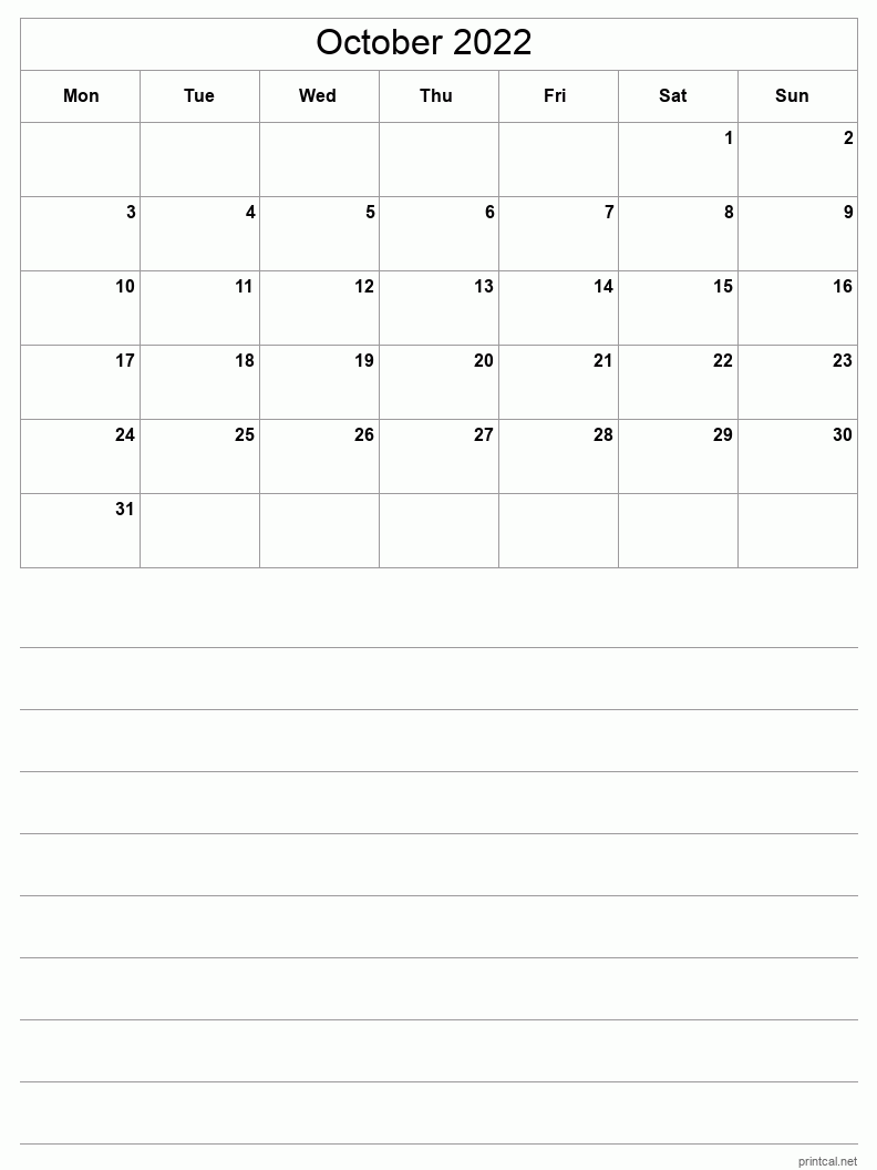 October 2022 Printable Calendar - Half-Page With Notesheet