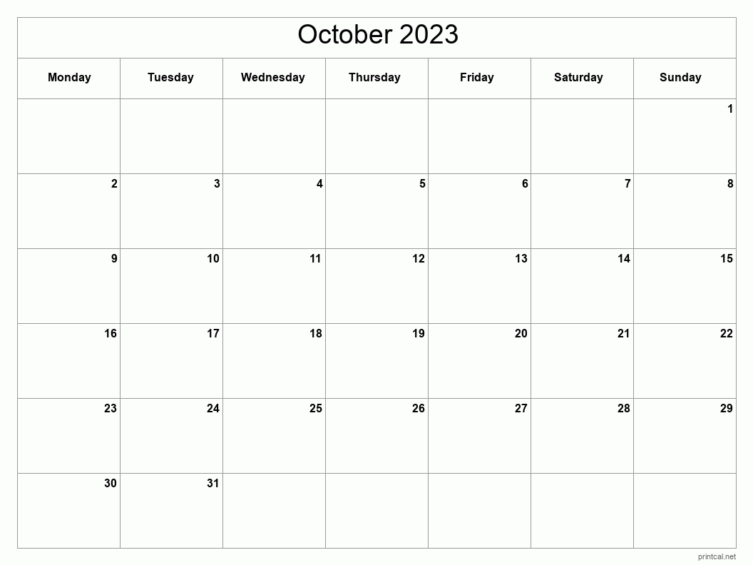 October 2023 Printable Calendar - Classic Blank Sheet
