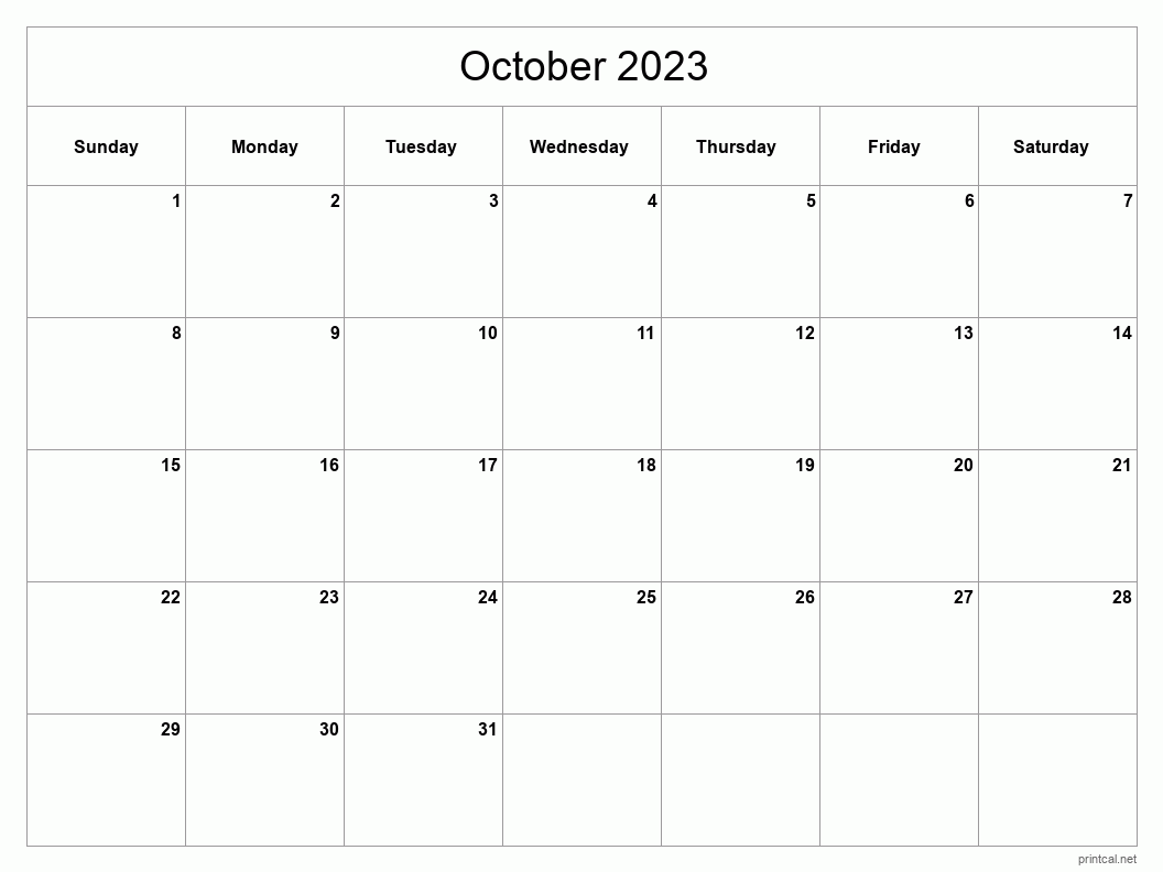 Printable October 2023 Calendar Classic Blank Sheet