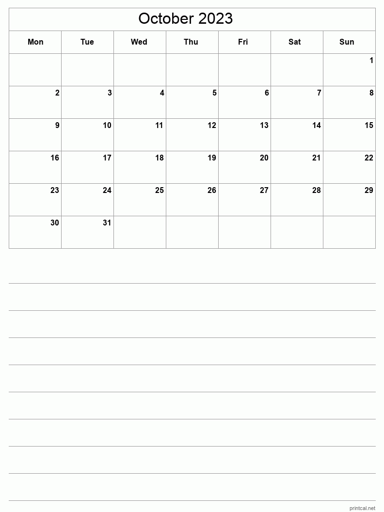 October 2023 Printable Calendar - Half-Page With Notesheet