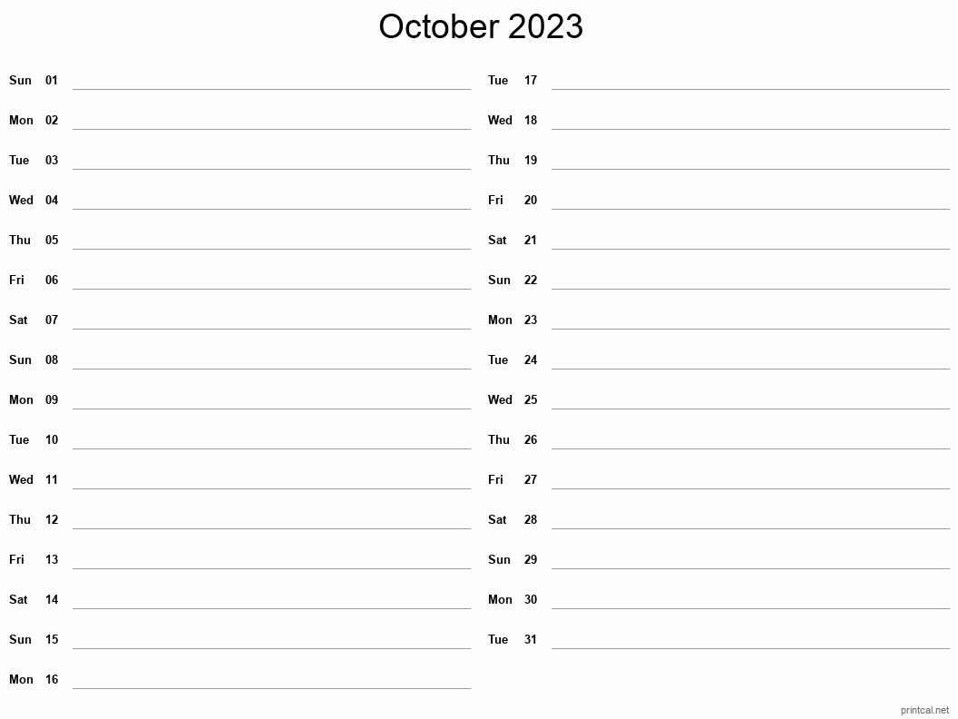 October 2023 Printable Calendar - Two Column Notesheet