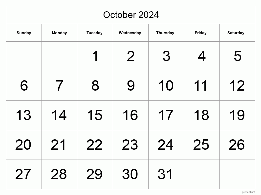 October 2024 Printable Calendar - Big Dates