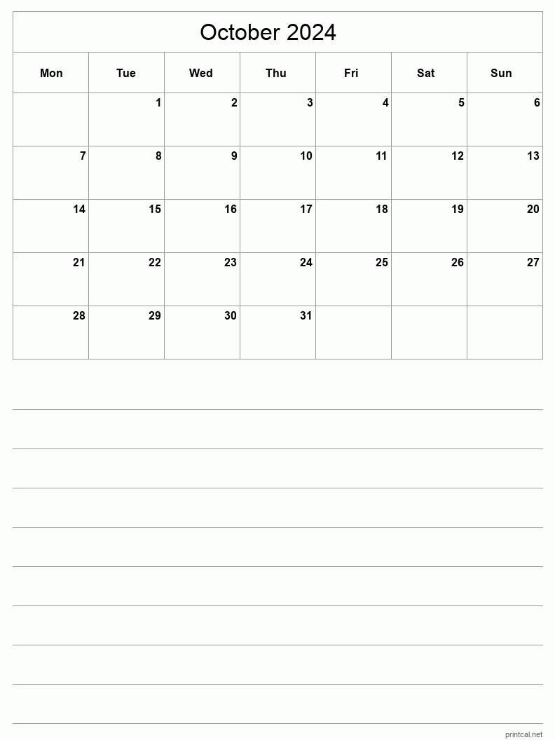 October 2024 Printable Calendar - Half-Page With Notesheet